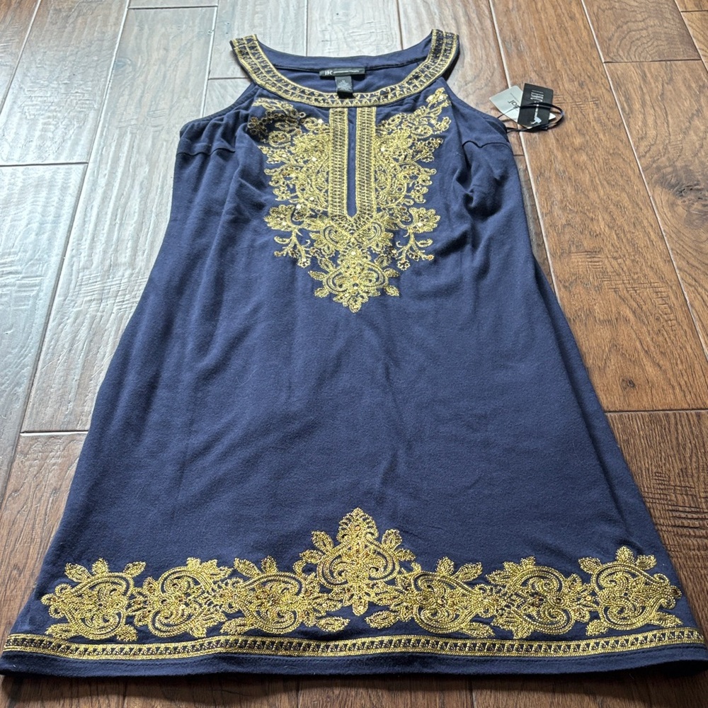 Inc International Concept New Navy Dress with Gold Embroidery